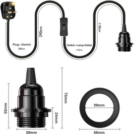 LEDSone Industrial hanging Pendant Light with plug-in, E27 Suspended Lamp Holder, 4m Fabric Flexible Cable with Dimmer Switch for Ceiling Hanging Lights (Grey)