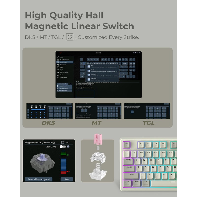 Rapid Trigger Gaming Keyboard,XVX G75 Hall Effect Keyboard Magnetic Switch