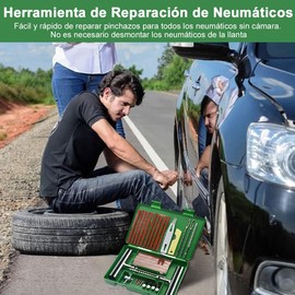 ADILIKADII Kit de Reparación de Neumáticos de 58PZS, Reparación de Pinchazos de Neumáticos Planos con Tapones, Kit de Parches Profesional para Hogar Coche Automóvil Motocicleta Camión Tractor RV SUV