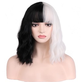 BERON 14 Inches Black White Wig Two Tone Wig Short Curly Wig with Bangs Black White Wigs Synthetic Wigs Women Girls Split Wig with Wig Cap