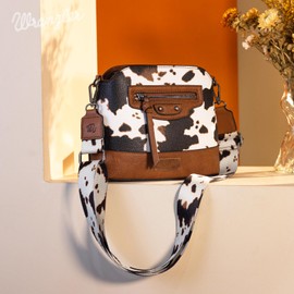 Wrangler Cow Print Crossbody Bag for Women Western Cross Body Purse with Signature Strap, Brown WG133-213BR