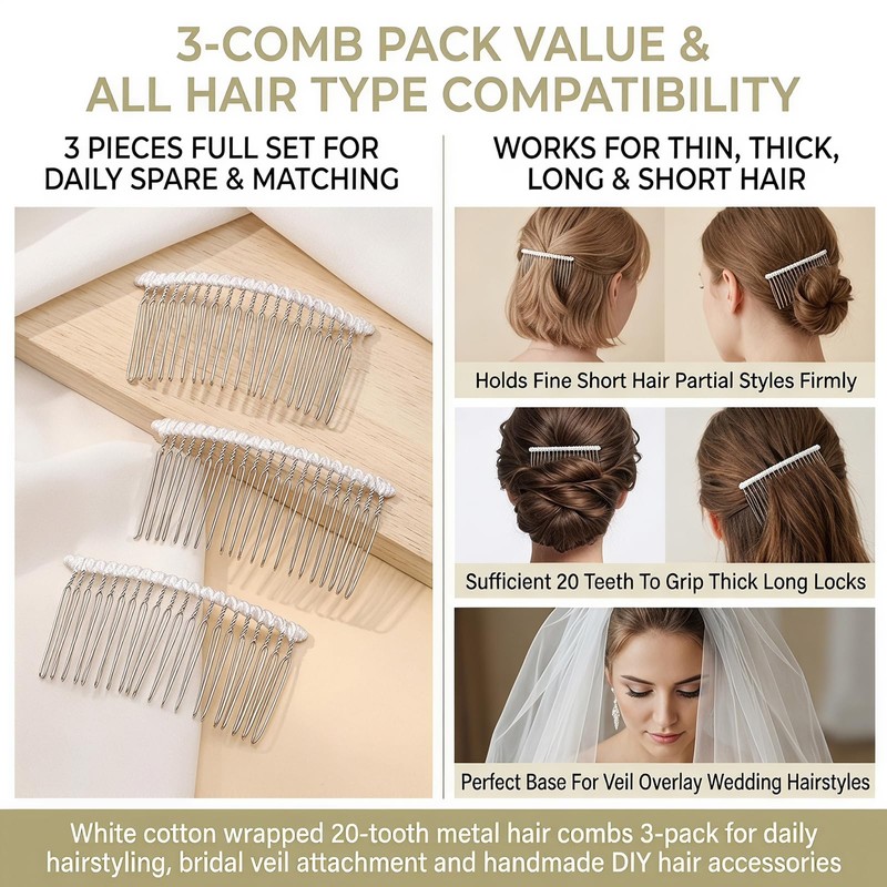 3 Pcs 20 Teeth Ribbon-Wrapped Bridal Veil Combs