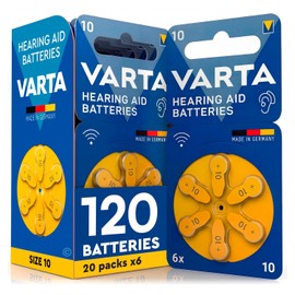 120 Batteries for Hearing Aids Size 10 (Yellow) PR70 Varta Zinc-Air Stable Voltage Long Life and Leak-Proof Compatible with All Devices Made in Germany - 20 Blister Packs of 6 Batteries Each