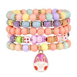 Emibele Easter Bracelets, 5 Pcs Beaded Bracelets for Women, Clay Bead Bracelet with Egg Charm Boho Heishi Surfer Bracelets Set, Colorful Stackable Beaded Stretch Bracelet Jewelry Gifts for Women