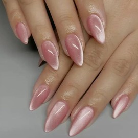 YOSOMK Cat Eye Acrylic Press on Nails Almond Medium Fake Nails Press Ons Full Cover Glue on Fales Nail Pink Cat Eyes Designs Artificial Stick on Nail for Women