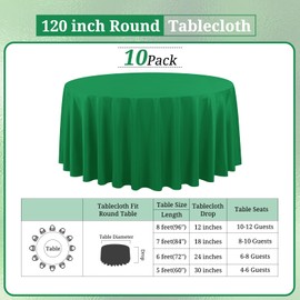 REWOMC 10 Pack Green Round Tablecloths - 120 Inch, Polyester Table Cover for Round Table, Stain and Wrinkle Resistant Washable Fabric Table Cloth, Polyester Tablecloth for Wedding Banquet Parties