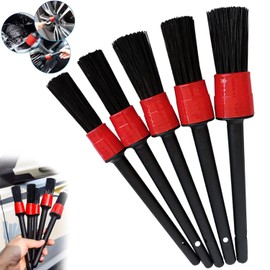 HEKE Cepillos para Detallar de Automóviles, 5 Piezas Juego de Cepillo de Limpieza, Kit de Detallado de Coche para Ruedas, Motor, Ventilación de Aire, 5 Tamaños Diferentes, Rojo