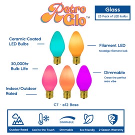 Novelty Lights 25PK C7 LED Ceramic RetroGlo Filament Outdoor Christmas Replacement Bulbs, Vintage Bulbs, Replacement Outdoor Light Bulbs, C7 Light Bulbs (Red)