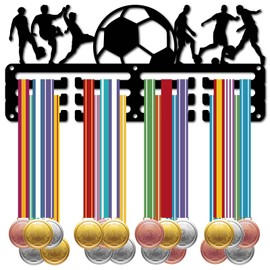 CREATCABIN Football medal holder, display, medal hanger, rack, sports, metal hanging, awards, iron, small holder, decor, awards for men, wall, football team, black, 29 x 13 cm