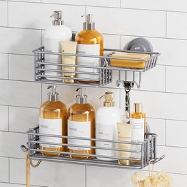 TAILI Dusch-Caddy, Saugnapf mit Haken und Seifenhalter, strapazierfähig, Badezimmer-Dusch-Organizer, ohne Bohren, Badezimmer-Regale für Innenwandmontage, Küchenzubehör, Grau