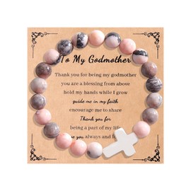 Godmother Gifts from Godchild Natural Stone Cross Bracelets Godmother Bracelets Christian Jewelry Religious Baptism Gifts (A: pink godmother bracelet)