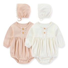 MAMIMAKA 4 Pack Baby Girl Bodysuit Cotton Bubble Rompers Newborn Clothes Floral Long Short Bodysuit, 9-12 Months