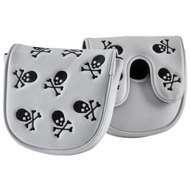 Gbourly Embroidery Skeleton Skull Golf Club Mallet Putter Head Cover Fits for DF3 Club Magnetic Closure Center Shafted PU Leather Headcover (White)
