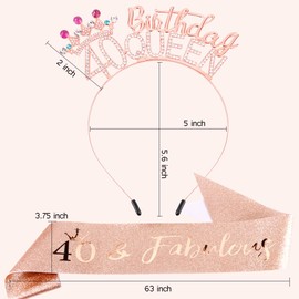 AHONEY 40th Birthday Queen Headbands for Women, 40 & Fabulous Birthday Sash and 40th Birthday Tiara Set, 40th Birthday Decorations Birthday Gifts for Women Party Favors (Rose Gold)
