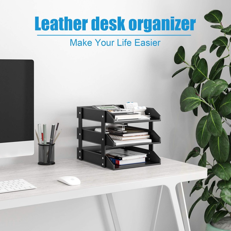 Leather Desk Organizer, Thipoten 3-Tier Stackable Letter Tray Holder for