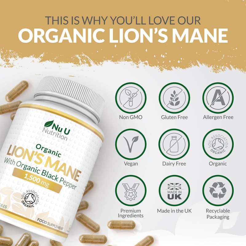 Organic Lions Mane Supplement 1500mg - 180 Vegan Capsules -