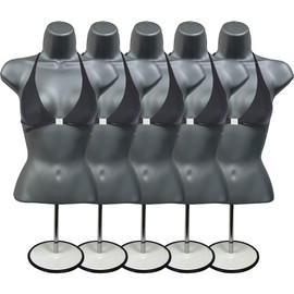 DisplayTown Female Mannequin Torso with Metal Stand Hollow Back Body Stackable Dress Form for Tshirt Display, Countertop, Craft Shows, Photos and Design, S-M Clothing Size (Gray, Set of 5)