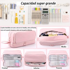 AZULDIMEN Estuche para lápices de gran capacidad con 4 compartimentos, estuche para lápices con múltiples ranuras, organizador de papelería para el trabajo de oficina escolar (Rosa)