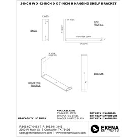 Ekena Millwork BKTM02X12X07HSPBL Steel Bracket Hanging Shelf, 2"W x 12"D x 7"H, Powder Coated Black