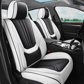 SCDOOCA Car Seat Covers, Premium Leather Car Seat Covers, Waterproof and Breathable Seat Covers, Universal Car Seat Protector Fit for Cars, Trucks, SUVs, Pick-ups (Black & White, FullSet)