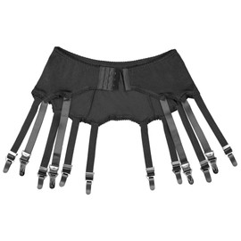 Luxallacki 12-Strap Solid Cloth Suspender Belt with Adjustable Metal Clasps for Hold-Up Stockings (Black,M)