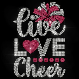 MAYJOYDIY Live Love Cheer Rhinestone Iron on Decal Cheerleader Ball Hotfix Transfer Sticker Lucky Word Heat Transfer Patch Bling Clothing Repair Applique for T-Shirt Hat Jacket Garment Bag DIY Decor