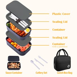Bento Box with Lunch Bag Microwavable All-in-One Meal Prep Compartment Lunch Containers with Utensils Leak Resistant Lunch Box with Sauce Container 60oz Gray