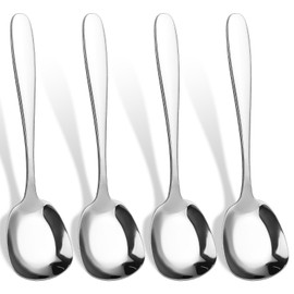 Large Square Head Spoons, 4 Pieces Stainless Steel Serving Spoons Long Handle Ramen Spoon Metal Shovel Rice Spoons Asian Soup Soup Serving Spoons for Home Kitchen Buffet Dessert Party Supplies, Silver