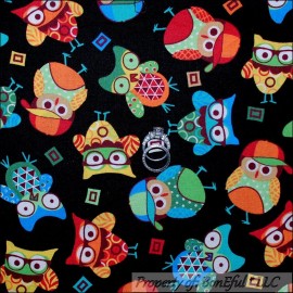 Unbranded BonEful Fabric FQ Cotton Quilt Black Rainbow Red Blue OWL Bird S Kid Retro Block