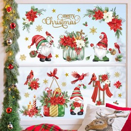 decalmile Christmas Red Gnome Flowers Window Clings Reusable Cardinal Birds Snowflake Window Decals Double Side Printed Window Stickers Glass Door Holiday Home Kitchen Decoration