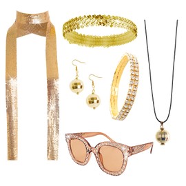 6 Pcs 70s Women Disco Costume Jewelry Accessories Disco Sequin Scarf Headband Diamond Bracelet Ball Necklace Earring Glasses(Gold)