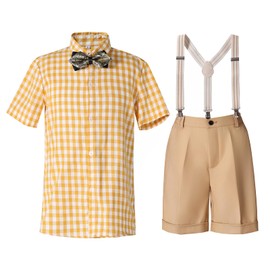 Boys Suits Set Summer Cotton Plaid Tollder Ring Bearer Outfit with Suspender Wedding Short, Yellow, 12