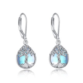 Sterling Silver Teardrop Dangle Earrings Leverback Tree of Life Moonstone Earring Jewellery Gifts for Women