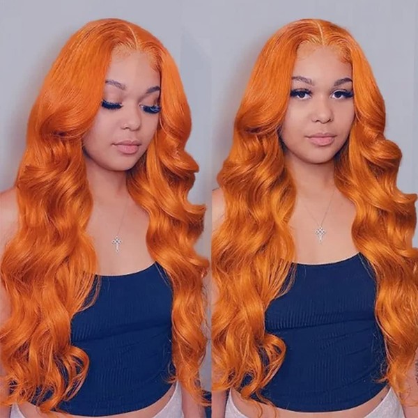 Beauty Forever #88J Ginger Orange Color Lace Part Wig Body Wave Human Hair Wigs For Women, 18 Inch 4X0.75 T Part Lace Closure Wigs Middle Part Burnt Fall Color 150% Density