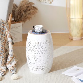 Christopher Knight Home Outdoor Side Table, Lace Cut Iron Side Table, Patio Garden Stool Coffee End Table, Round Hollow Drum Side Table, Metal Decorative Garden Stool for Patio Balcony, White