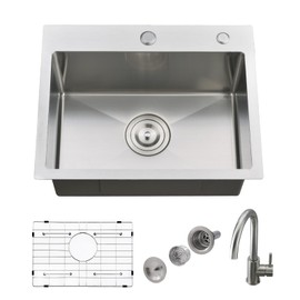 Jshozzy Drop In Kitchen Sink with Faucet Combo, 21 x 18 Inch Single Bowl Outdoor Kitchen Sink 18 Gauge Stainless Steel Handmade RV Wet Bar Prep