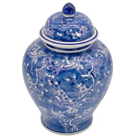 Galt International Blue & White Floral Crane Chinoiserie Jar 12" w/Lid - Ginger Jar, Tea Storage, Decorative, Home Decor Jar