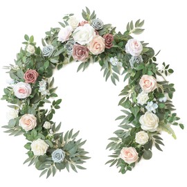 Floroom 6ft Artificial Eucalyptus Garland with Flowers Fake Greenery Faux Floral Vine Garland for Table Decor Wedding Centerpieces Bridal Shower Party Decorations, Blush Powder Blue