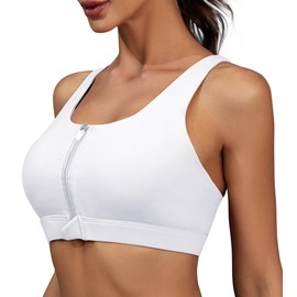 ONEW Front Zipper Sports Bras for Women High Impact Workout Bra Criss-Cross Back Yoga Training Running Bras,White,X-Large