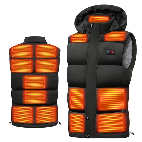 DeliToo Electric Heating Vest, Heater Vest, 15 Points Heat Generation, Japanese Fiber Heater, 5 Seconds Heating Protection, Cold Protection, Removable Hood, Heated Vest, USB / DC Power Supply, Temperature Display, Rapid Heating Generation, Front and Rear