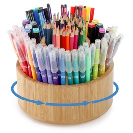 SOUJOY Bamboo Pen Holder Organizer, 360°Rotating Art Supply Organizer with 11 Compartments, Color Pencil Storage Caddy, Hold 200+ Pencils, Office Desk Stand Box for Marker Pens, Pencil, Art Brushes