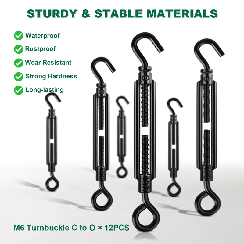 Premium Adjustable Black Turnbuckle Tensioner, 12PCS M6 Hook & Eye
