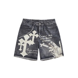GORGLITTER Men's Y2k Graphic Retro Denim Shorts Jean Grunge Hip Hop Distressed Streetwear Straight Leg Jorts Black 32