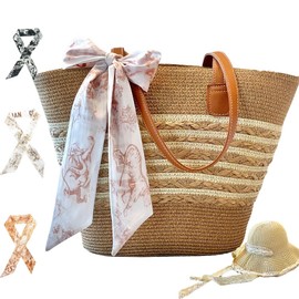 Kefeier Straw Beach Bag Set with Sun Hat, Large Woven Tote with Leather Handles, 3 Decorative Scarf, Natural (khaki)
