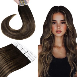HETTO Hetto Balayage Brown Tape in Extensions Ombre Human Hair Tape Hair Extensions Real Remy Glue in Hair Extensions Brown Natural 20Pcs 50g, 18 Inch