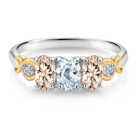 Gem Stone King 1.52 Ct Sky Blue Aquamarine Peach Morganite 925 Silver and 10K Yellow Gold Ring (Size 5)