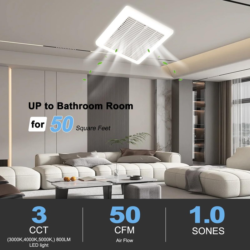 VENTECHLATION Bathroom Exhaust Fan with Light, 50 CFM,1.0 Sone, Quiet