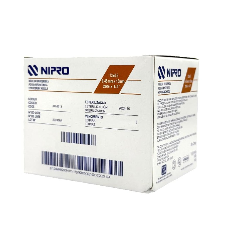 Aguja Hipodérmica 26G x 13mm (1/2”) Café NIPRO Caja con