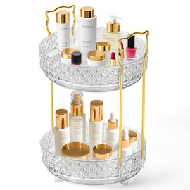 360 Rotating Makeup Organizer for Vanity, 2 Tier Adjustable Perfume Organizer for Dresser, Multi-Function Spinning Cosmetics Skincare Storage for Bedroom, Dresser, Countertop, Clear