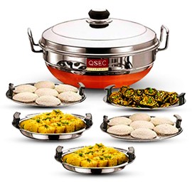 QSEC Stainless Steel Multi Kadai Idli Cooker with Copper Bottom - All-in-One Big Size Dhokla Cooker | 2 Dhokla | Momo Steamer - 285MM 100% Non-Toxic Material